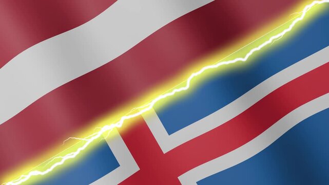 Two waving flags Latvia and Iceland with diagonal lightning seamless, 4k loop