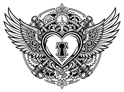 Steampunk heart with wings vector, mechanical clockwork heart with gears and pistons, industrial gothic emblem for tattoos