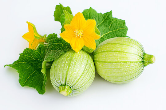 Fresh organic green zucchini squash with vibrant yellow blossom flowers and leaves, isolated on a white background, ideal for healthy food and farm market designs