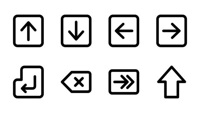 Navigation Icons Set: A collection of clean, minimalist icons featuring various directional arrows, a backspace key, and a tab key, perfect for web design and user interface elements.