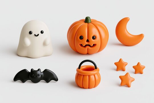 Cute Halloween Clay Figures on White Background