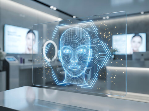 Futuristic holographic AI face identification system, biometric facial recognition interface, cybersecurity authentication display, smart artificial intelligence portrait analysis technology