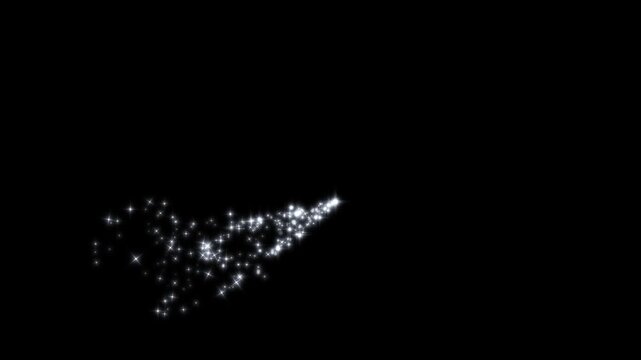 Luxury white glitter sparkle animation, fairy dust, twinkling shimmer line effect, doodle stars motion, glowing star particles burst on 4K black screen background, magic light transition video
