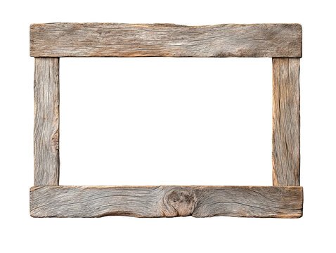 An empty rustic wooden picture frame mockup made from weathered wood planks, perfect for displaying photos or artwork with blank copy space inside