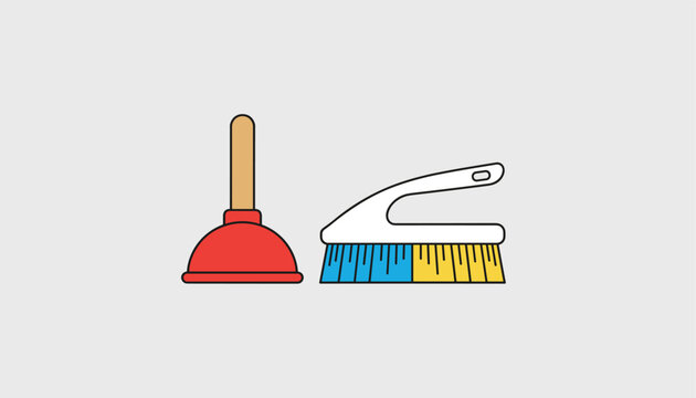 Professional cleaning equipment featuring a red plunger and a scrubbing brush isolated on grey background.