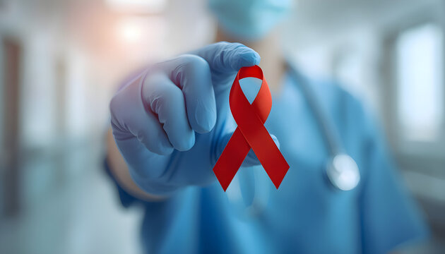 Medical doctor showing red awareness ribbon in hospital
