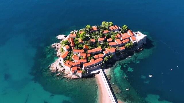 Aerial view of Sveti Stefan, a small island with Mediterranean architecture on the coast of Montenegro