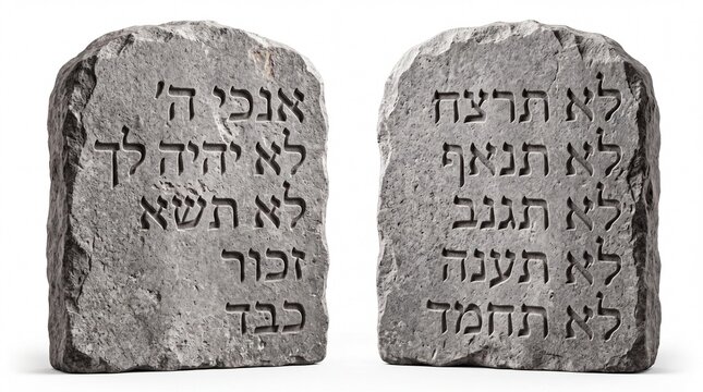 Ancient stone tablets featuring carved hebrew ten commandments standing upright in isolation on white background