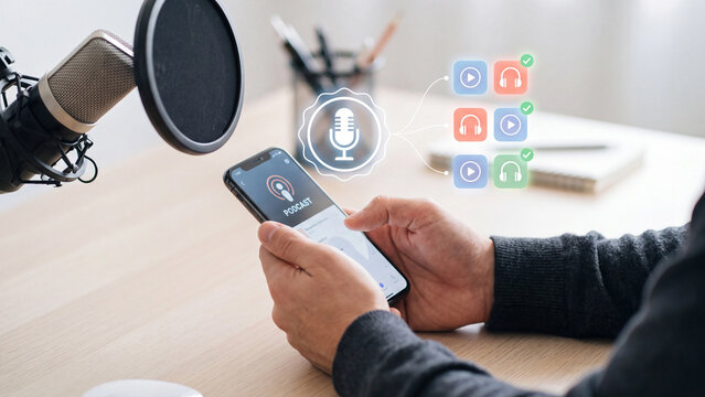 Podcast app and online audio streaming concept, man on smartphone with studio microphone and podcast episode icons for listening, recording, digital broadcasting and mobile media entertainment