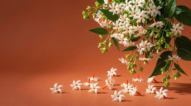Delicate Night Jasmine Flowers and Buds on Terracotta Background