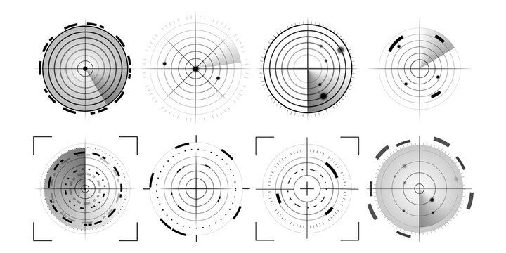 Black circular radar graphic with precision range rings, scanning sectors and target location symbols. Modern tactical interface element isolated on transparent background, PNG.