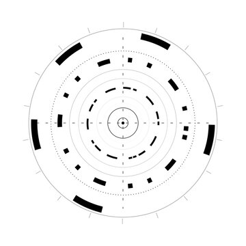 Minimal black radar display with scanning radius, target locations and technical scale markings. Futuristic electronic monitoring element on transparent background, PNG.