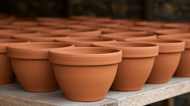 Rows of empty terracotta flower pots on an outdoor table  