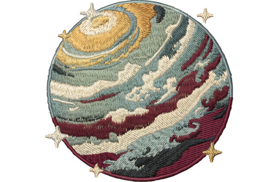 Vintage embroidered planet patch, colorful mysterious planet with swirling atmospheric bands and several tiny stars surrounding it, detailed layered thread embroidery, rich woven fabric texture, thick