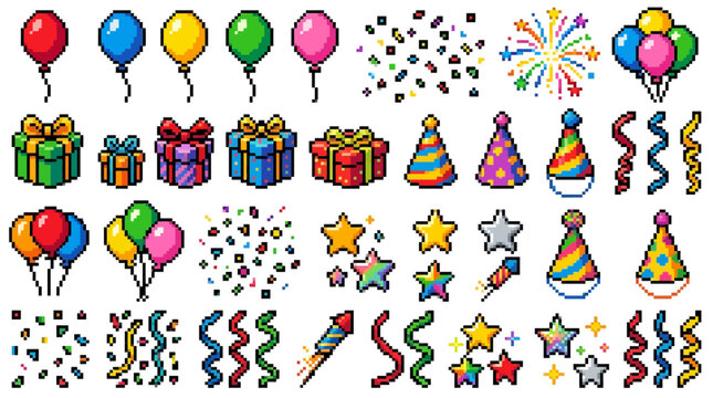 Colorful Pixel Art Party Decorations Collection.