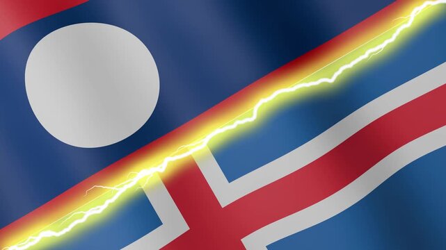 Two waving flags Laos and Iceland with diagonal lightning seamless, 4k loop