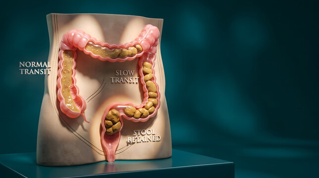Human colon model showing normal transit and slow transit constipation. Anatomical cross section of large intestine with stool retention