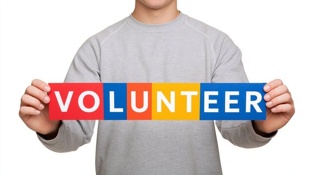 Young man holding volunteer sign against white background  