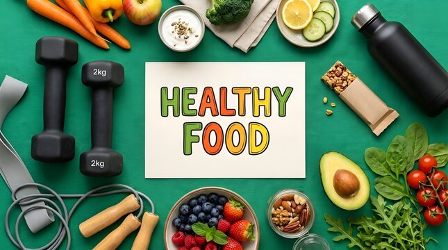 Healthy Food and Nutrition Concept with Fresh Natural Ingredients Around Green Message Board, Balanced Diet, Clean Eating and Wellness