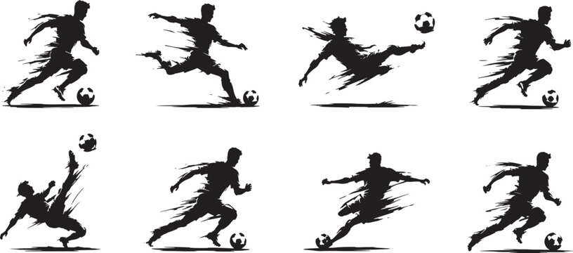 Soccer player silhouettes showing running, kicking, dribbling and shooting with football, dynamic action poses and motion effects. Concept of sport, competition, fitness and athletic energy