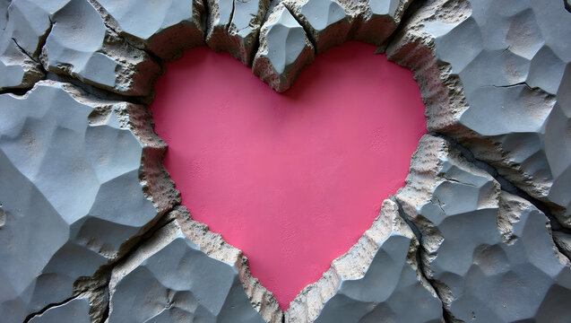 A striking visual featuring a bright pink heart symbol revealed through cracked and fractured grey concrete wall texture creating a bold contrast between destruction and love for romance design projec