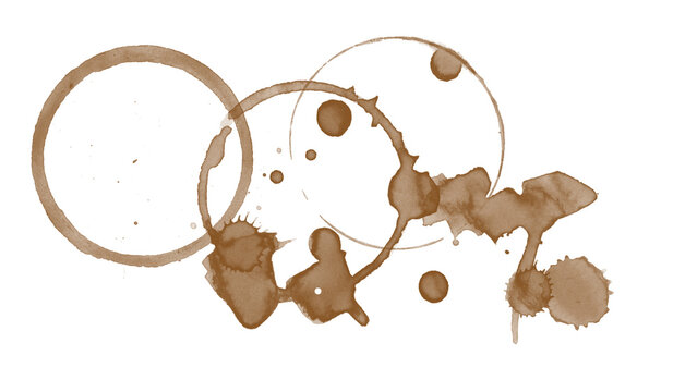 Coffee stain, ring, splatter, brown, liquid, white background with cup mark and abstract spill pattern on surface