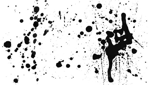 Black ink splatter white background abstract paint blot, messy splash texture with random dot and grunge stain