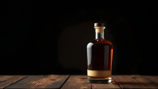 A sleek glass bottle filled with dark amber liquor stands proudly on a rustic wooden table, illuminated warmly against a deep black background, creating an atmosphere of sophistication and timeless el