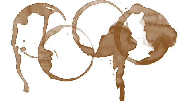 Coffee stain ring abstract brown watercolor splash on white background with circular mark, drip, grunge texture