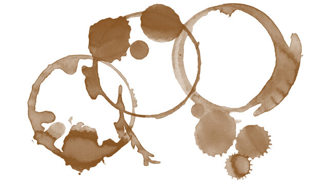 Coffee stain, ring, brown, circle, splatter, paper texture on white background with overlapping liquid mark pattern