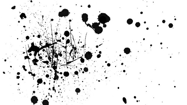 Ink splatter abstract black white paint stain, chaotic droplet pattern with splash mark on clean background
