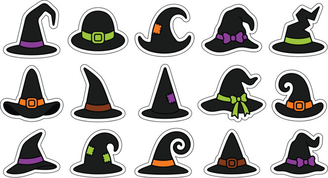 Black witch hat stickers featuring colorful buckles and patches for halloween design assets.