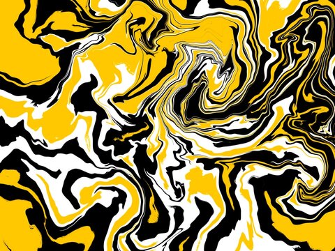 Vibrant yellow black and white liquid marble texture displaying bold swirling fluid lines perfect for contemporary print and digital backgrounds.