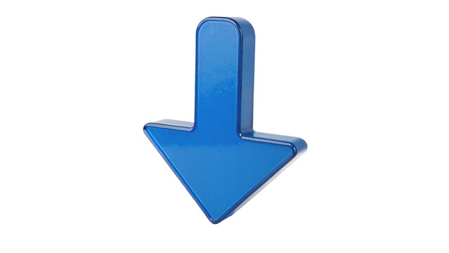 Blue downward arrow 3d direction pointer icon isolated on transparent background for business financial market trend decline.