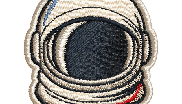 Vintage embroidered astronaut helmet patch, classic white space helmet with reflective dark visor, subtle blue and red details, highly detailed stitched embroidery, layered thread texture, woven fabri