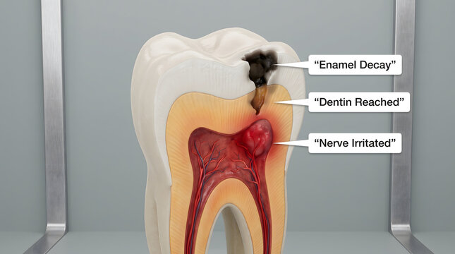Tooth decay stages diagram showing enamel damage dentin penetration and irritated nerve. Medical cross section illustration of dental cavity progression