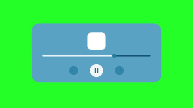 Minimalist Blue Music Player Interface and UI Audio Controls with Progress Bar on Green Screen Chroma Key