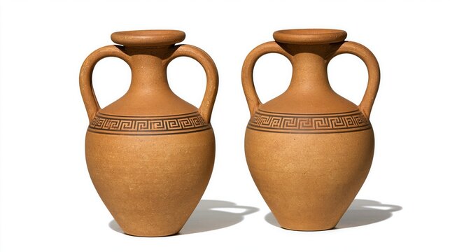 Two terracotta amphora vases with handles isolated on white  