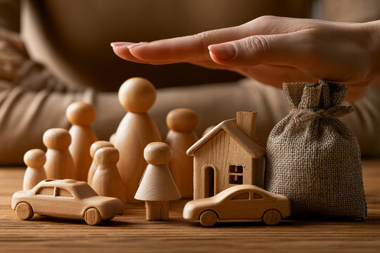 Wooden figures, cars, and a house on a wooden table with a hand over them in a financial planning setting