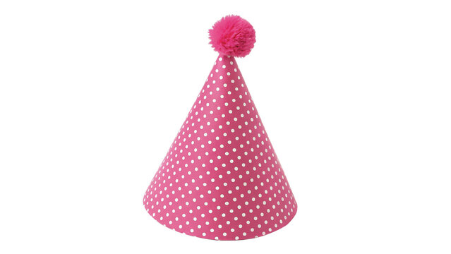 Bright pink festive party cone hat template isolated on transparent background for girls birthday celebration greeting cards.