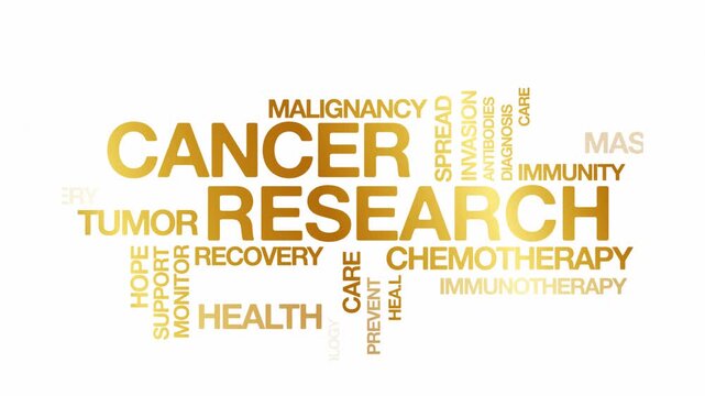 Cancer research concept Animated Tag Word Cloud kinetic typography, Text Design Animation typography seamless loop video motion graphics Intro Wordart arrangement golden type on white background bg ba