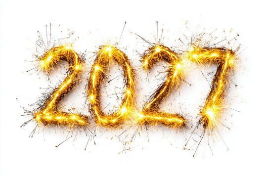 Numbers 2027 made of sparklers welcoming in the new year with light