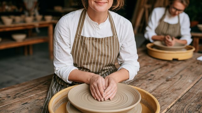 Female potter shaping clay on a wheel in a ceramics workshop  