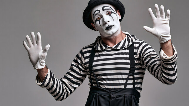 Expressive Male Mime Performing with Open Gloved Hands