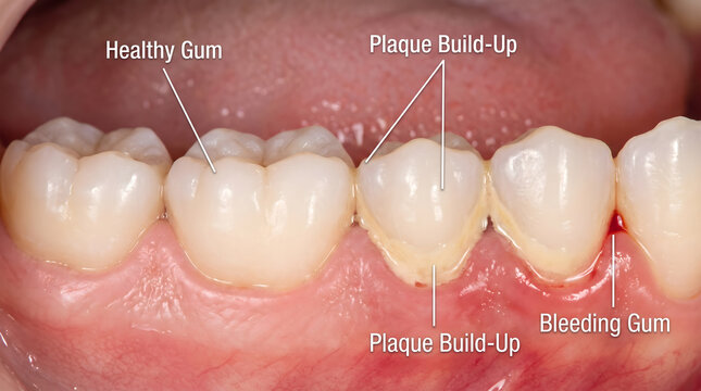 Dental plaque and gingivitis diagram. Close-up photo showing healthy gum plaque build-up and bleeding gum with text labels. Educational dental health infographic