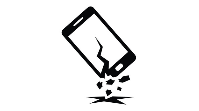 Broken smartphone screen icon featuring sharp glass shards and cracks displayed in high contrast black and white vector graphic style