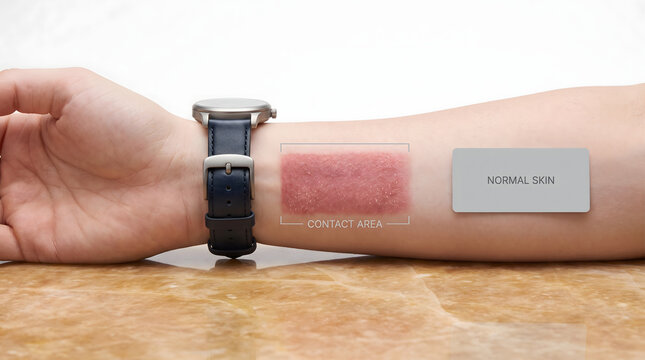 Dermatological skin patch test on a human forearm. Features a pink contact area and a grey normal skin label next to a wristwatch