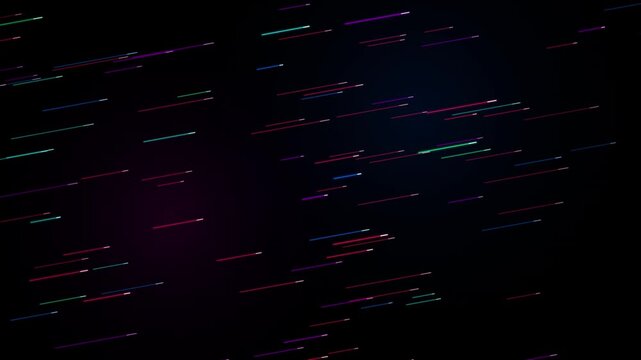 High-speed cyber neon data streams with volumetric ambient glows and vibrant motion-blurred trails in red, purple, and blue. This seamless loop represents fiber-optic networks, cloud computing, and fu