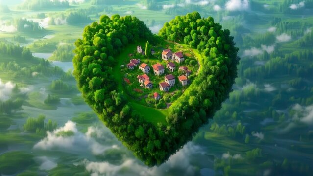 Aerial view of a lush green heart-shaped forest surrounding small village houses in a valley, environmental conservation, eco friendly community, love nature, sustainable living.
