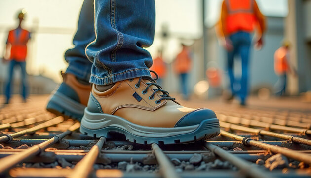 A close-up of a worker's boot on metal grating. The boot is brown with black accents. In the background, blurred figures of workers in orange vests are visible.